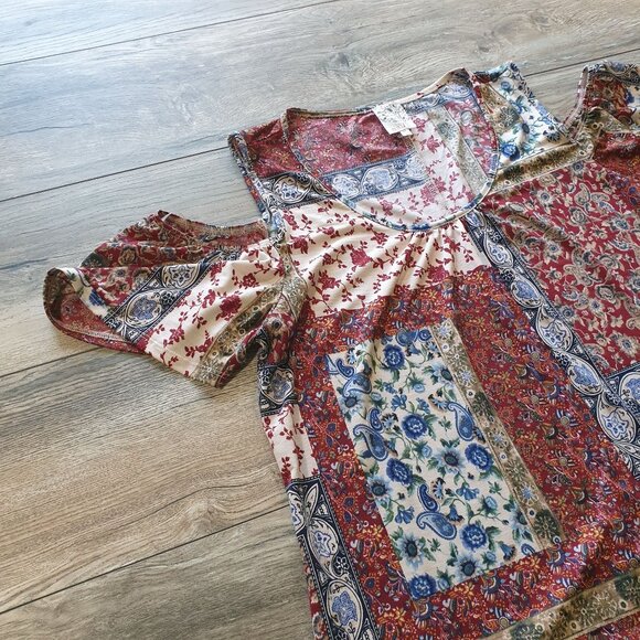 Patchwork Print Boho Women Top XL Naif Cold Shoulder Lightweight Blouse Sheer - Picture 5 of 6